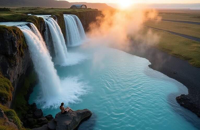 peaceful waterfall spa in iceland