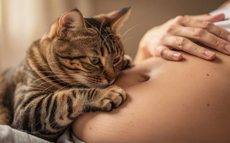 katė gulinti ant šeimininko pilvo