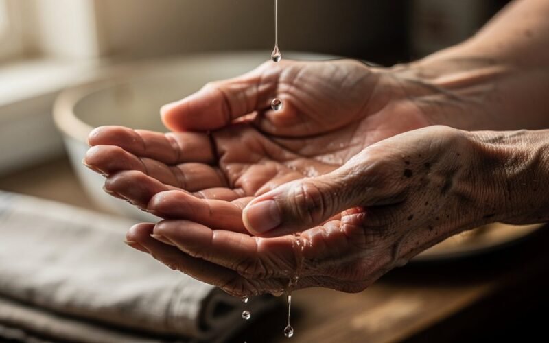 Sudrėkinkite rankas trimis lašais