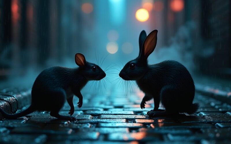 žiurkė kovoja su triušiais baimingai