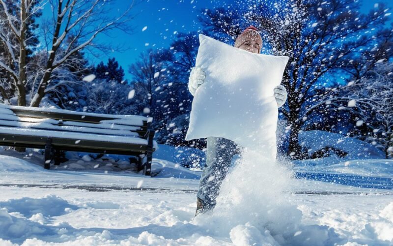 plėšti pagalves šviežiame sniege