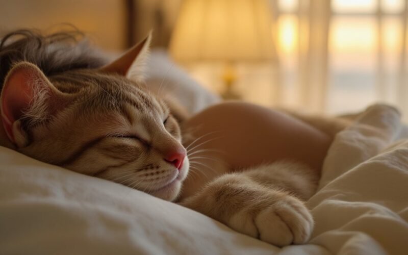 Katė miega ant galvos