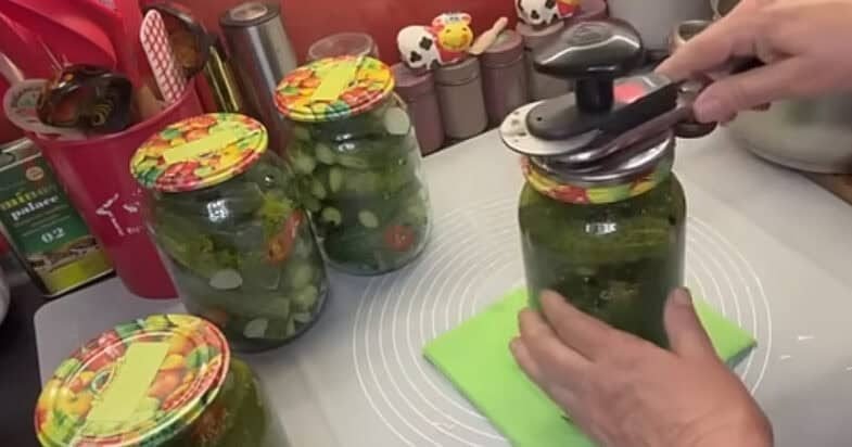 Uždaryti agurkų stiklainiai po konservavimo